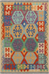 Flat Weave Kilim Antique Navaho Vintage handmade Geometric Kilim Rust Gold Hand-Woven Rectangle 100% Wool Area Rug 3x5